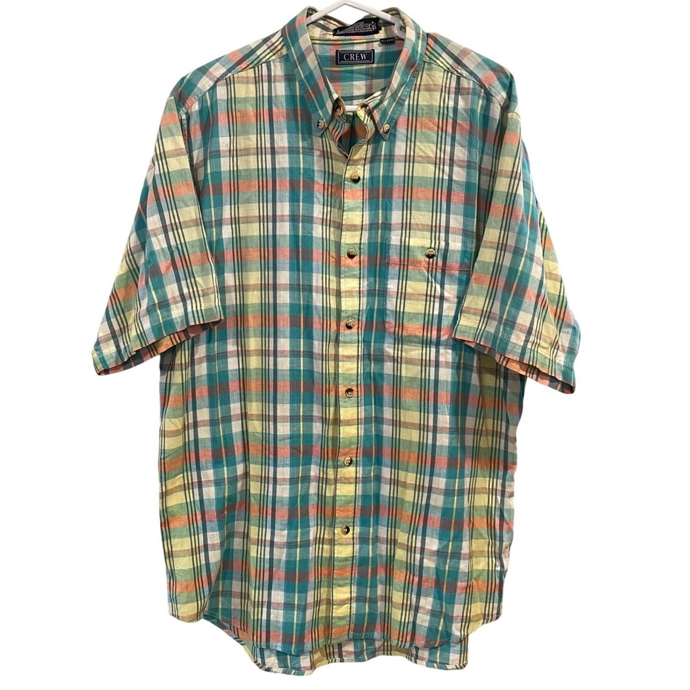 Vintage J‎ Crew Plaid Shirt Mens XL Short Sleeve Button Cotton Preppy Summer